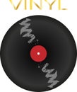 Vinyl record in black with a red center and the word vinyl in gold letters